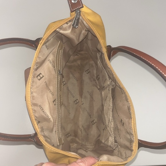 Hexagona Yellow nylon Satchel with brown Leather Trim preowned - Picture 10 of 14